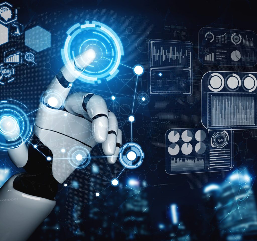 3D rendering artificial intelligence AI research of robot and cyborg development for future of people living. Digital data mining and machine learning technology design for computer brain.