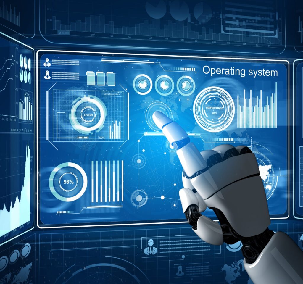 3D Rendering futuristic robot technology development, artificial intelligence AI, and machine learning concept. Global robotic bionic science research for future of human life.