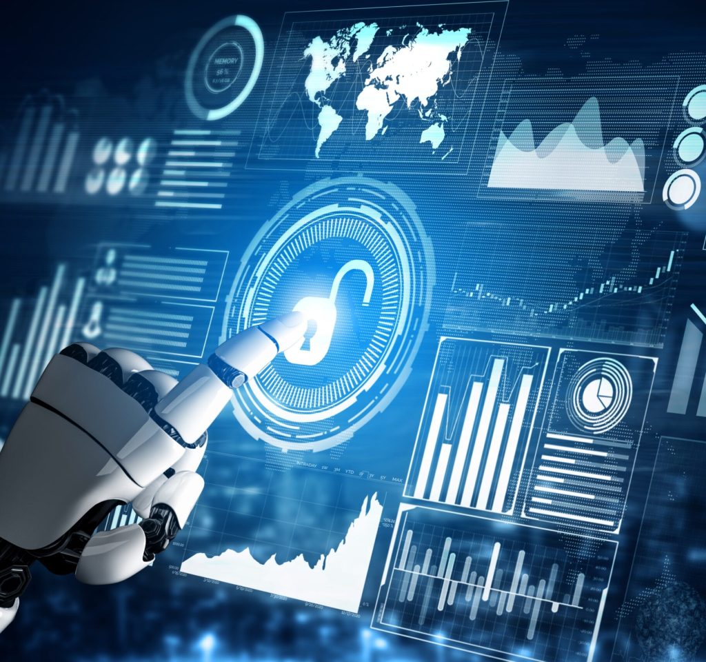 3D Rendering futuristic robot technology development, artificial intelligence AI, and machine learning concept. Global robotic bionic science research for future of human life.