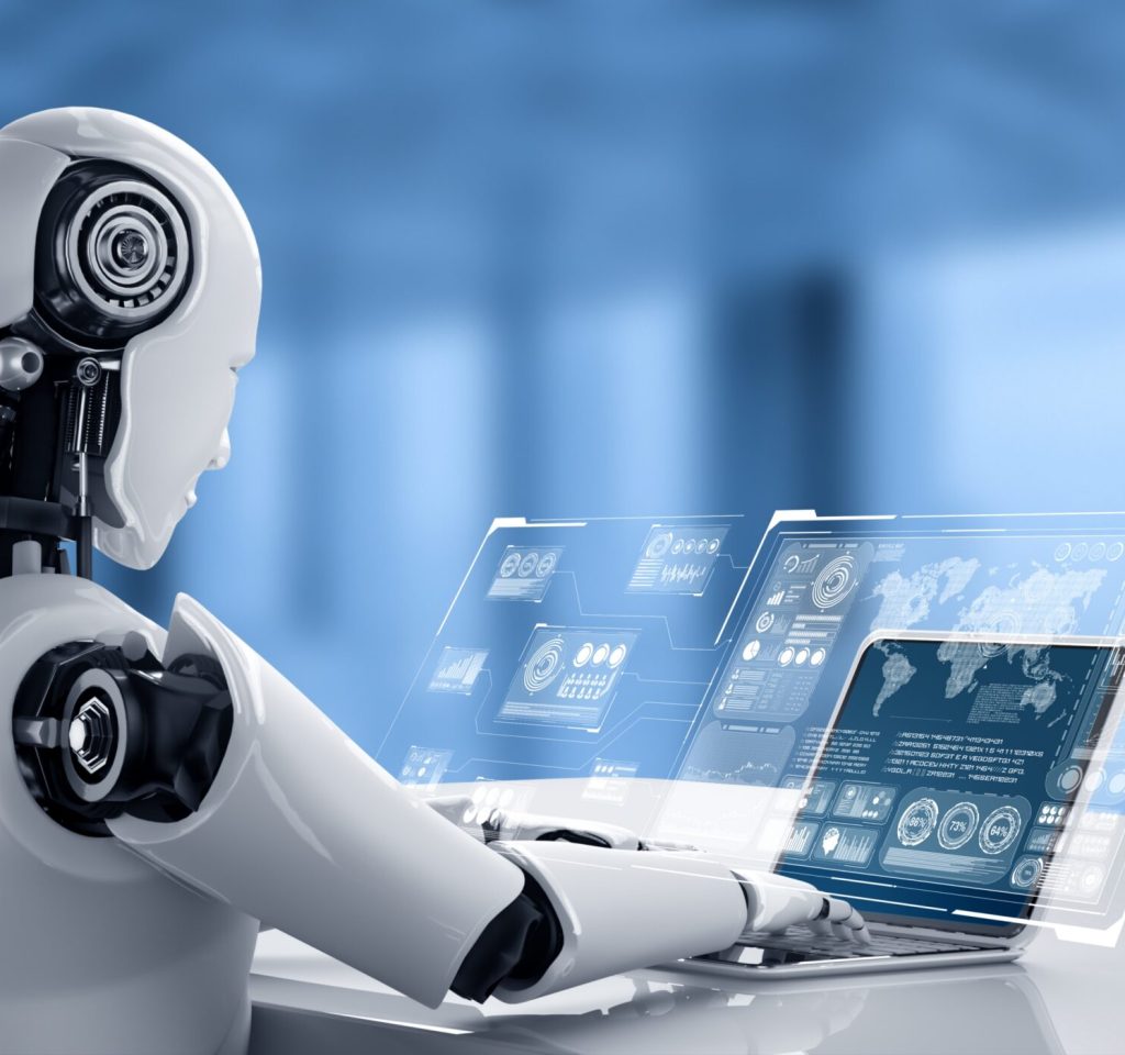 Robot humanoid use laptop and sit at table for big data analytic