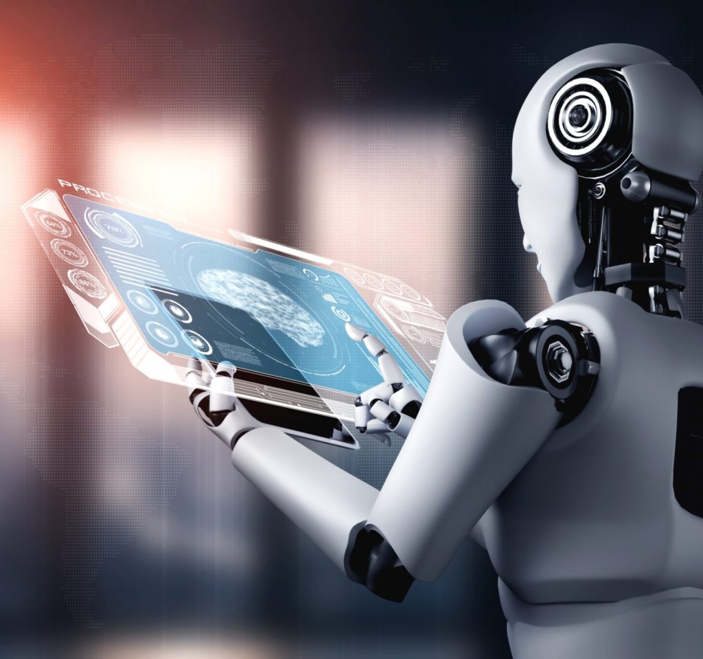 Robot humanoid using tablet computer for big data analytic using AI thinking brain , artificial intelligence and machine learning process for the 4th fourth industrial revolution . 3D rendering.